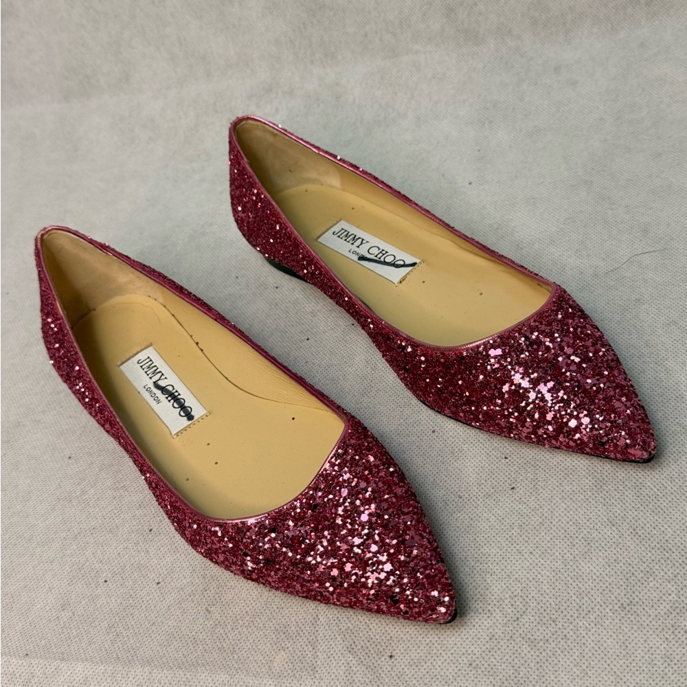 Jimmy Choo Pink Glitter Pointed Flat SZ 35.5 Excellent Condition Romy